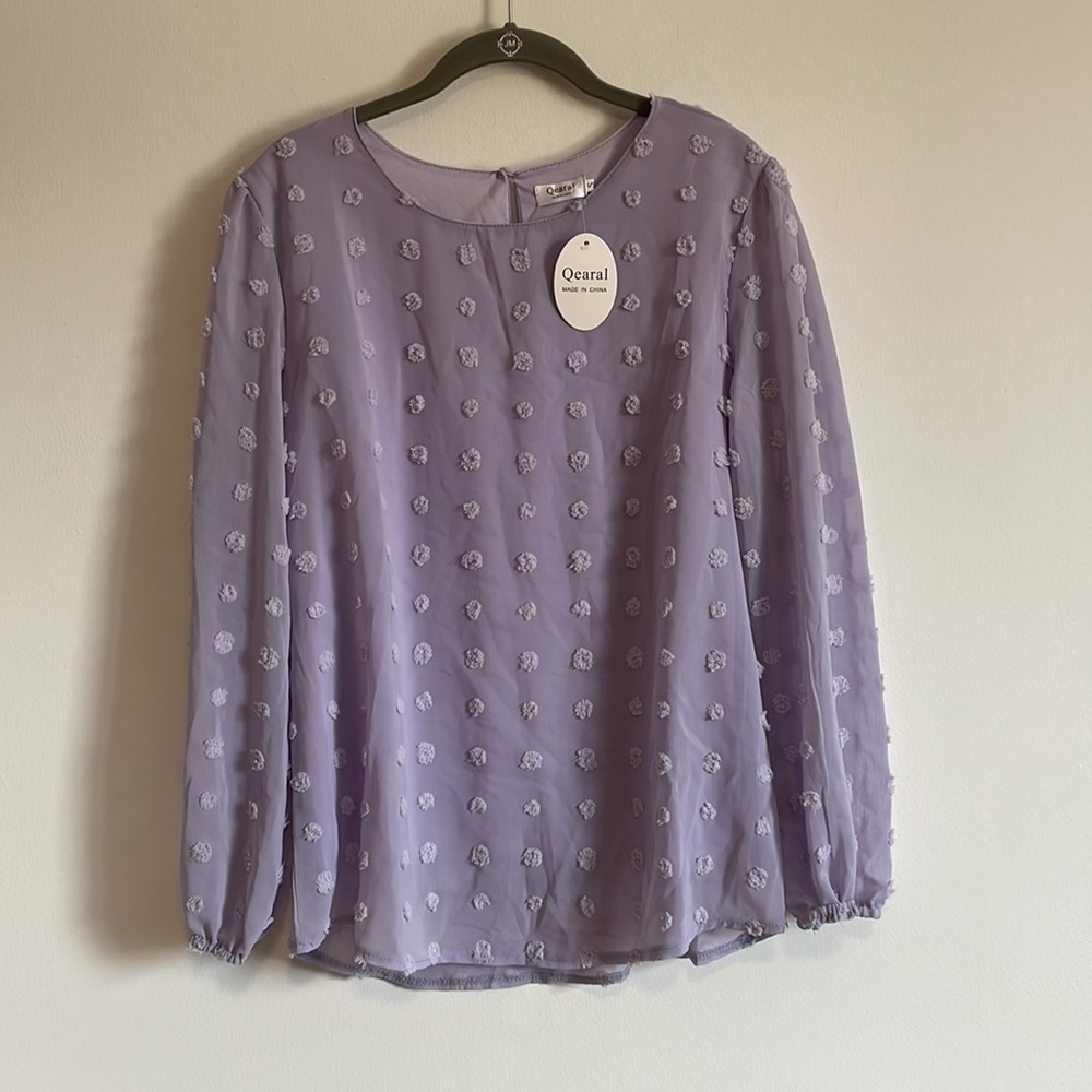 NWT Qearal Lilac Blouse Sm Purple Pom Dots Popover Loose Career Feminine Spring